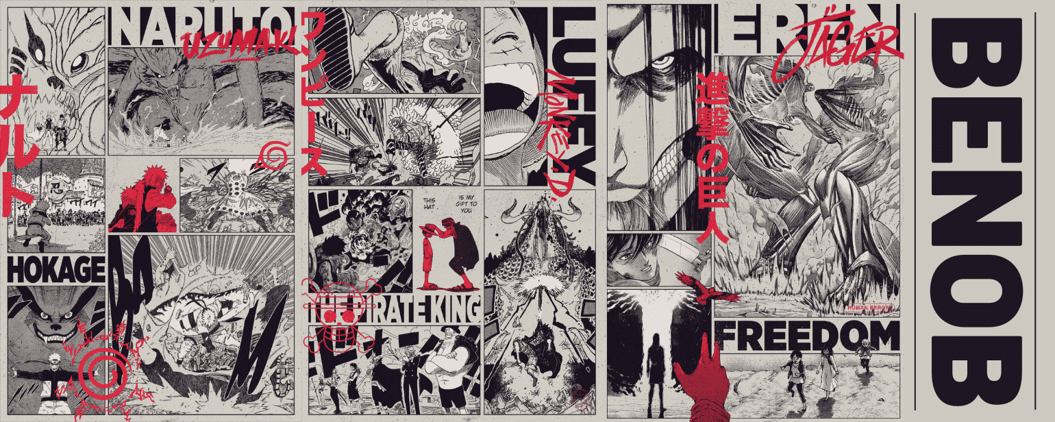 tableau Deco intérieure manga panel benob / Naruto, Eren, Luffy